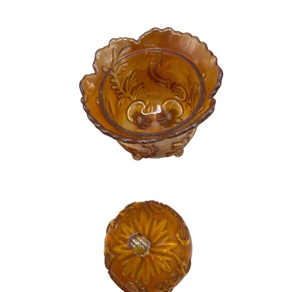 Vintage Carnival Glass Lidded Candy Dish With Embossed Paisley & Leaf Design - Picture 3 of 6
